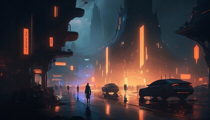 Illustration of a city center place of a futuristic city at night on rain, full of life, by a generative ai