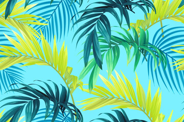 Fototapeta na wymiar Tropical pattern with green palm leaves. Summer vector background or textile illustration.
