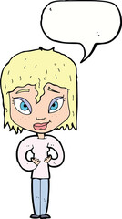 cartoon satisfied woman with speech bubble