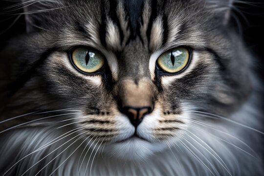 A close up picture of the face and muzzle of a beautiful gray and white striped single large fluffy thoroughbred cat. A close up portrait of an animal, seen from above. Generative AI