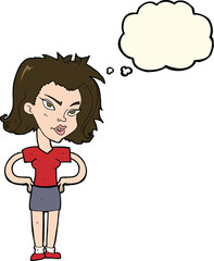 cartoon woman with hands on hips with thought bubble
