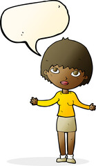 cartoon woman shrugging  with speech bubble