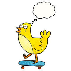 thought bubble textured cartoon bird on skateboard