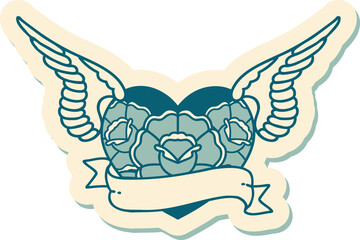 tattoo style sticker of a flying heart with flowers and banner