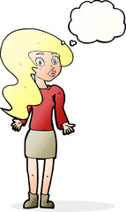 cartoon woman shrugging shoulders with thought bubble