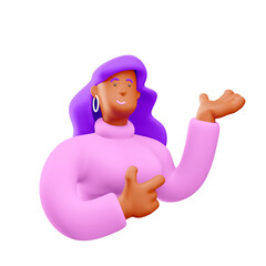 3d illustration. Cartoon girl 3d character showing something