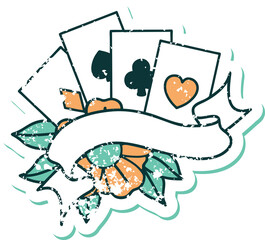 distressed sticker tattoo style icon of cards and banner