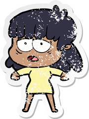 distressed sticker of a cartoon tired woman