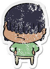 distressed sticker of a cartoon boy with untidy hair