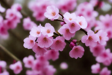 Branches of a sakura tree with pink flowers. AI generative
