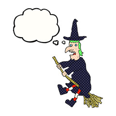 thought bubble cartoon witch flying on broom