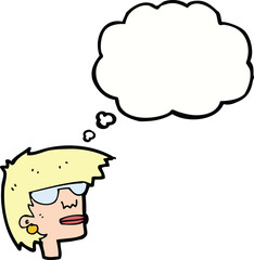 cartoon female face with glasses with thought bubble