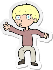 sticker of a cartoon boy waving warning
