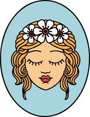 traditional tattoo of a maiden with eyes closed