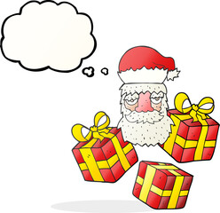 thought bubble cartoon tired santa claus face with presents