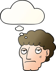 cartoon bored man and thought bubble in smooth gradient style