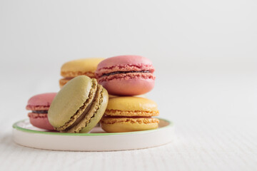 Colorful pastel eco handmade natural macaroons on white background. Gift for 8 March, International Women's Day, Valentine Day