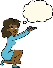 cartoon woman presentation gesture with thought bubble