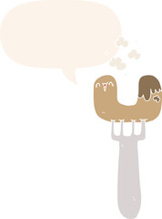cartoon sausage on fork and speech bubble in retro style
