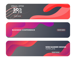 Colorful web banner with push button and dark background. Collection of horizontal promotional banners with abstract fluid shapes. Header design. Coupon template.