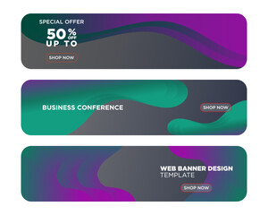 Obraz premium Colorful web banner with push button and dark background. Collection of horizontal promotional banners with abstract fluid shapes. Header design. Coupon template.