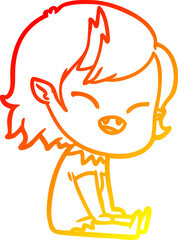 warm gradient line drawing cartoon laughing vampire girl sitting