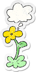 cartoon flower and thought bubble as a distressed worn sticker