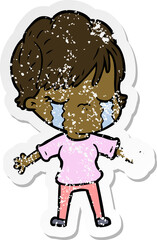 distressed sticker of a cartoon woman crying