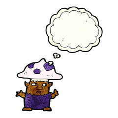 cartoon little mushroom man with thought bubble