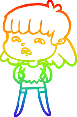 rainbow gradient line drawing cartoon worried woman