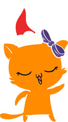 flat color illustration of a cat with bow on head wearing santa hat