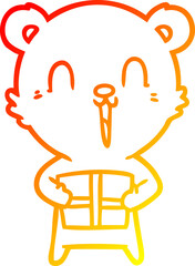 warm gradient line drawing happy cartoon bear with christmas gift