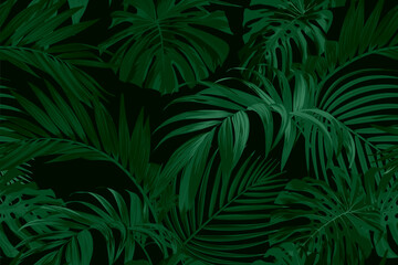 Naklejka na ściany i meble Dark green tropical pattern with palm leaves. Summer vector background or textile illustration.
