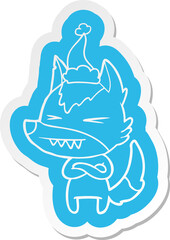 angry wolf cartoon  sticker of a wearing santa hat