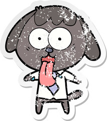 distressed sticker of a cute cartoon dog wearing office shirt
