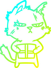 cold gradient line drawing tough cartoon cat with christmas present