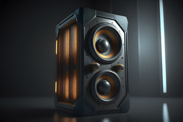 Stereo speaker on a dark background with glowing lights . Generative AI technology. 