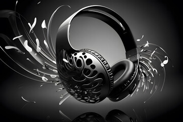 Headphones with music notes in color background. Music concept. Abstract music wave design. Headphones with splashes of music. Generative AI technology. 