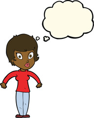 cartoon woman shrugging shoulders with thought bubble