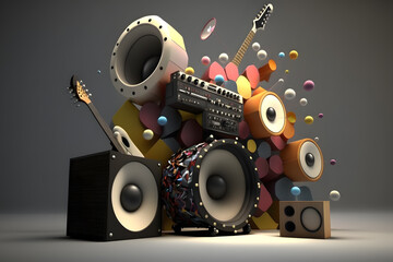 Obraz premium Colorful speakers with guitar and speaker in grey background. Abstract background. Generative AI technology. 