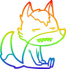rainbow gradient line drawing cartoon sitting  wolf showing teeth