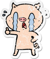 distressed sticker of a crying pig cartoon