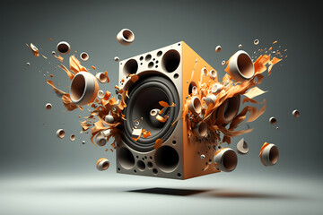 Music speaker. Abstract illustration of Music speaker with splashes and drops on gray background. Speaker with exploded detailes. 3d illustration. Generative AI technology.