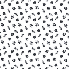 Seamless pattern hand draws cat paws footprint, bell, and fishbone design background for wallpaper, wrapping, paper, and fabric. Vector illustration.