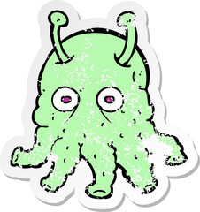 retro distressed sticker of a cartoon space alien