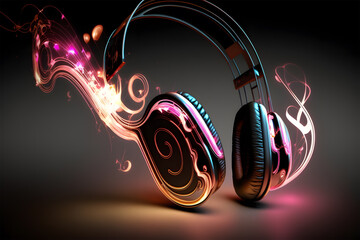 Headphones with beautiful colored glowing lines in dark background. Abstract headphones. Generative AI technology.

