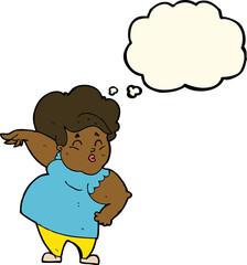 cartoon happy overweight lady with thought bubble