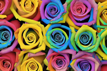 Fototapeta na wymiar Rainbow Roses Top View created with Generative AI Technology