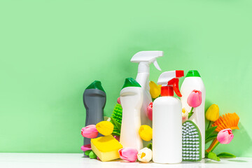 Set of cleaning supplies and utensils, with spring flowers on high-colored pastel green background. Spring house cleaning concept. Woman hands hold spray detergent, with cleaning gloves and wipes