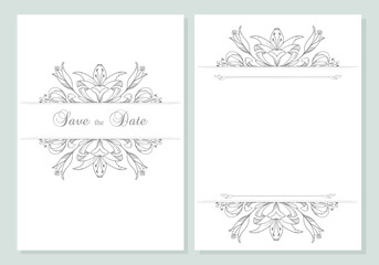 Set of Minimalist wedding invitation and save the date card template design, floral grey line art ink drawing with royal lilies flowers.